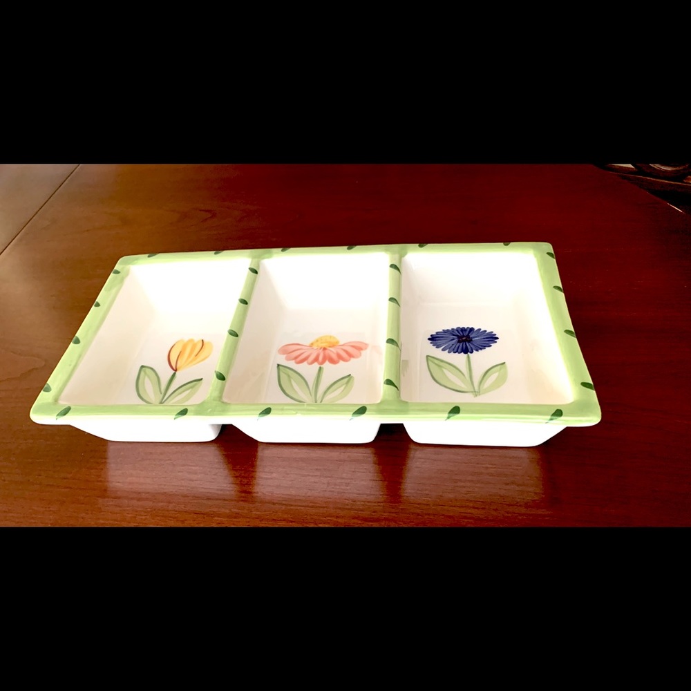 Porcelain snacks serving dish with 3 sections handpainted colorful flowers